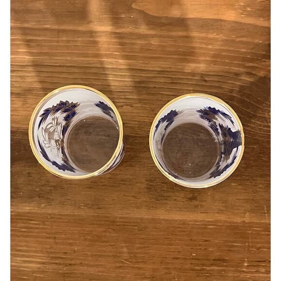 Vintage Frosted Glasses Blue Leaf Design Gold Rim Barware Mid Century - Picture 5 of 6